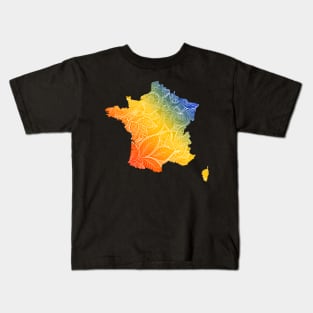 Colorful mandala art map of France with text in blue, yellow, and red Kids T-Shirt